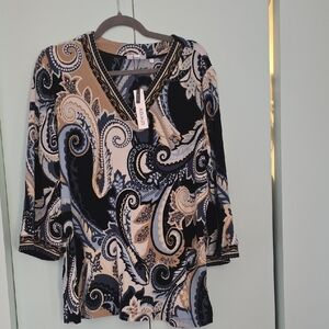 Chico's Elegant Paisley V-Neck Blouse - Black and Cream